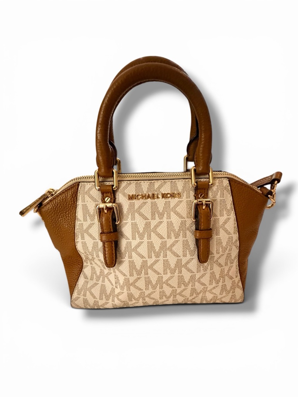 Michael Kors Ciara Small Satchel Crossbody Vanilla MK Logo Brown Leather Purse